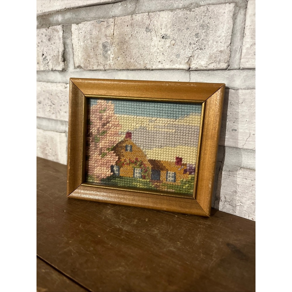 Vintage Cozy Cottagecore‎ Needlepoint Framed Picture 5" x 6"